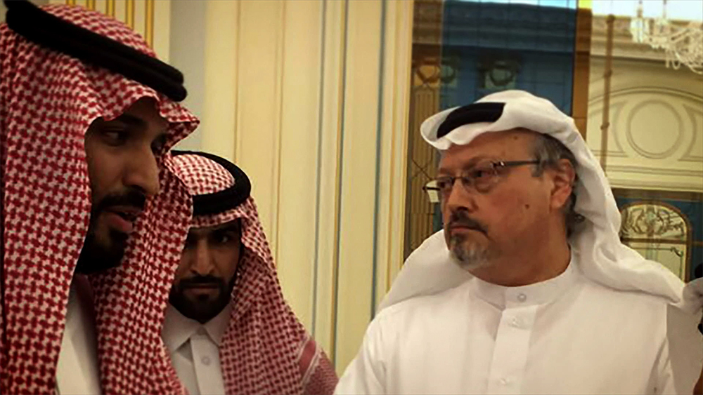 A still from The Dissident of Saudi Crown Prince Mohammed bin Salman and journalist Jamal Khashoggi (Madman Films)